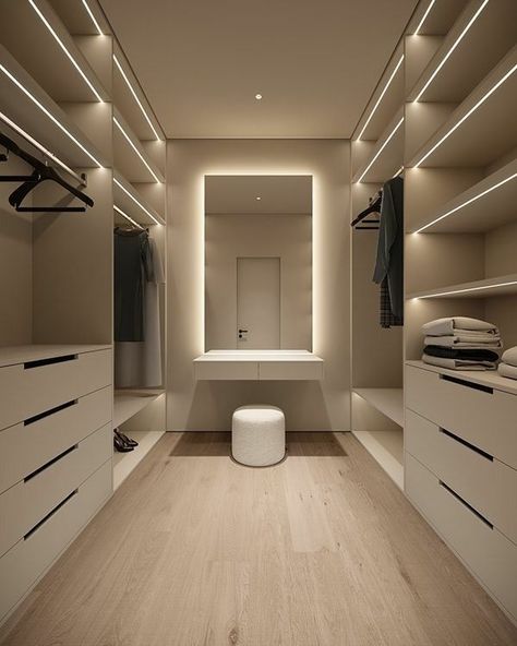 Room Design With Dressing Room, New House Closet Ideas, Interior Dressing Room, Master Closet With Makeup Table, Modern House Designs Interiors, Wall To Wall Closet Ideas Built Ins, Bedroom Walk In Closet Design, Wardrobe Design For Dressing Room, Loft Walk In Closet