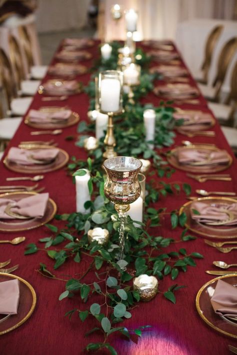 Maroon Emerald Wedding, Burgandy Tablecloth Wedding, Burgundy Wedding Table, 50th Birthday Table Decorations, Emerald Wedding Decor, Green And Burgundy Wedding, Burgundy Table Runner, Gold And Burgundy Wedding, Burgundy Wedding Theme