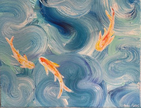 Simple Fish Art, Blue Acrylic Painting Ideas, Koi Fish Painting Acrylics, Blue Painting Ideas Easy, Aesthetic Landscape Painting, Laptop Theme, Painted Goldfish, Fish Art Painting, Koi Fish Paintings