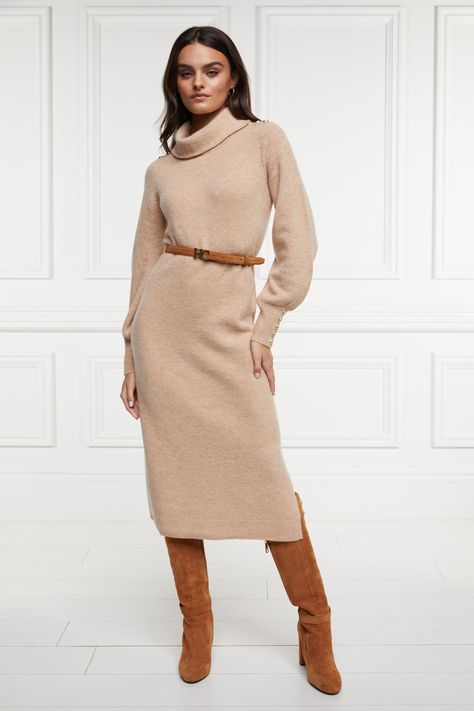 Holland Cooper | Berkeley Camel Roll Neck Dress | Autumn • Winter Fashion Roll Neck Dress, Holland Cooper, Race Day Outfits, Volume Sleeves, Day At The Races, Full Volume, Wide Brim Fedora, Traditional Fashion, Casual Chic Outfit