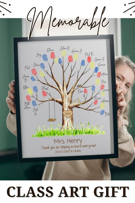 Teacher Appreciation Gifts, Class Thank You, Gifts for Teachers, Teacher Gift Ideas 📏 This is a great way for students to show their teacher how much they appreciate them! This is a beautiful gift, that every teacher will cherish forever! It has a little remembrance of each student on it! Have the class add their fingerprints and sign their names as leaves on this tree—Then the teacher can frame it for a keepsake! Teacher Gifts From Class, Teacher Retirement Gifts, Fingerprint Art, Fingerprint Tree, Class Gift, Diy Teacher Gifts, Personalized Teacher Gifts, Teacher Thank You, Teacher Appreciation Gift