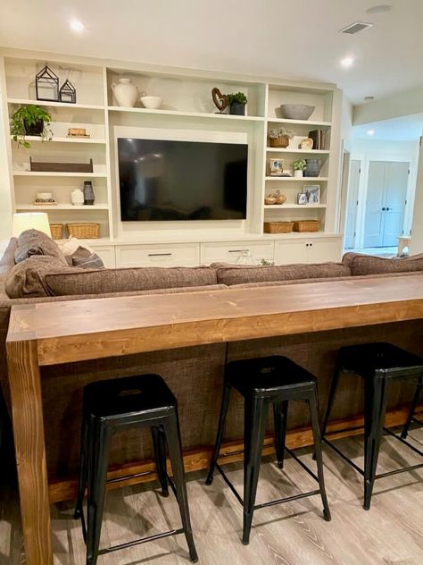 Bar Table Behind Couch, Bar Behind Couch, U Couch, Console Table Behind Sofa, Behind Sofa Table, Studio In Casa, Table Behind Couch, Acnh Basement, Hangout Room