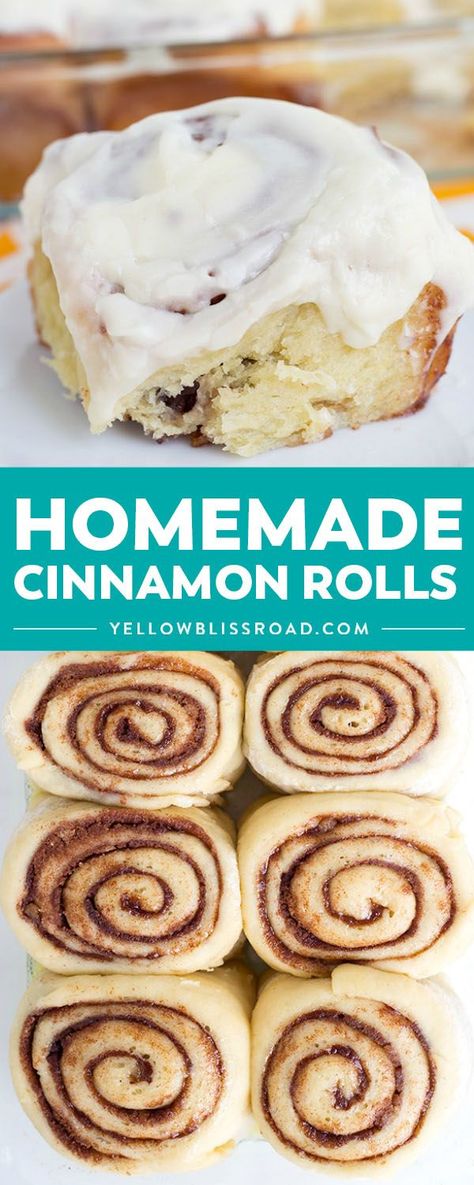 Homemade Cinnamon Rolls are baked to a golden brown perfection before being smothered in cream cheese frosting. I can't imagine breakfast without them! #YellowBlissRoad #breakfast #cinnamonrolls #sweetrolls #brunch #pastry via @yellowblissroad Cinnamon Rolls From Scratch, Cinnamon Roll Recipe Homemade, Fluffy Cinnamon Rolls, Homemade Cinnamon Rolls, Cinnamon Rolls Homemade, Cinnamon Rolls Recipe, Dessert Appetizers, Cinnamon Buns, Breakfast Foods