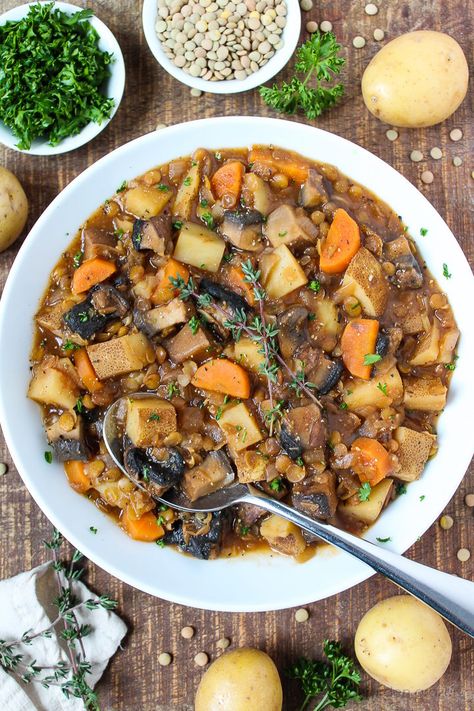 Mushroom Stew with Lentils & Potato (Vegan!) - The Garden Grazer Vegan Beef Stew, Wfpb Soup, Lentil Potato Soup, Vegan Lentil Recipes, Garden Grazer, Ckd Recipes, Nutritarian Diet, Low Calorie Soup, Mushroom Stew