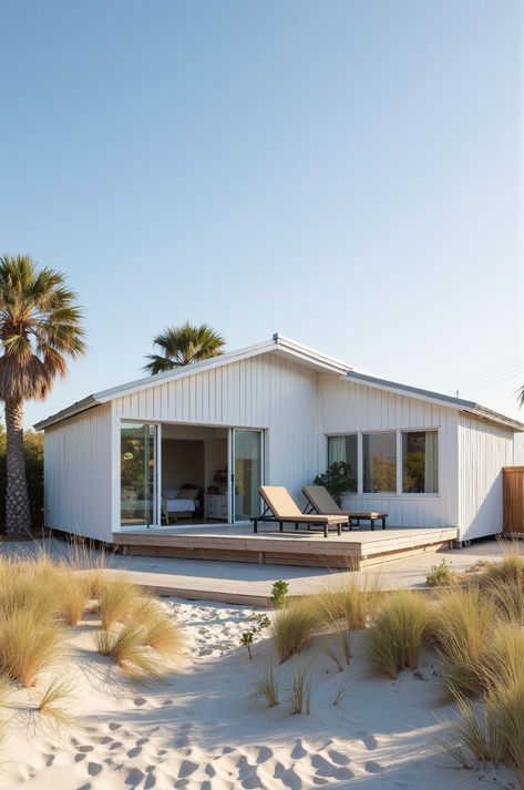 This coastal minimalist bungalow is a dream beach house! Sliding glass doors lead to a deck overlooking sand dunes, with palm trees swaying gently in the yard. The bright white exterior and tin roof create a perfect seaside retreat. #beachlife #coastaldesign L Shaped Beach House, Boho Beach House Exterior, Beach House Malibu, California Surf Shack, Minimalist Bungalow, Beach Shack Exterior, Coastal Bungalow, Vertical Shiplap, Dream Photos