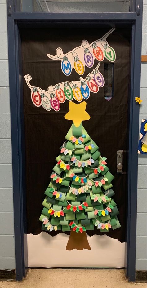 Colorful Christmas Classroom Door, Paper Christmas Tree Door Decoration, Xmas Tree Door Decoration, Chrismast Decoration Idea Diy Outside, Christmas Decor Ideas For School Doors, Christmas Tree Classroom Door Ideas, 3d Christmas Tree Door Decoration, Christmas Door Daycare, Decorate Classroom Door For Christmas