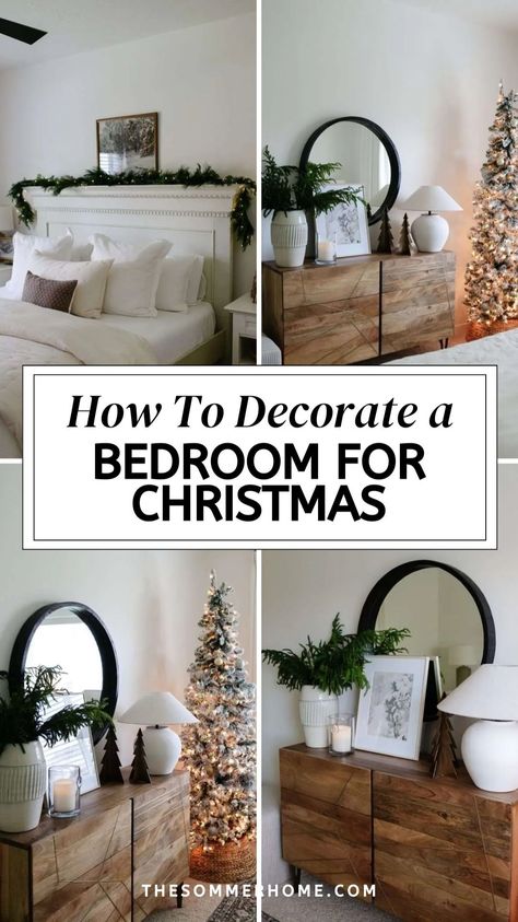 Transform your sleep space into a Cozy Christmas Bedroom with our festive tips and tricks. Our blog is filled with Christmas Bedroom Ideas to inspire you, from selecting the perfect color palette to incorporating twinkling lights and seasonal decor. Discover how Bedroom Christmas Decor can create a warm and inviting atmosphere for the holiday season. Minimal Christmas Decor Bedroom, Minimalist Christmas Decor Bedroom, Christmas Dresser Decor Bedroom, Simple Christmas Bedroom, Christmas Dresser Decor, Small Bedroom Arrangement, Christmas Bedroom Aesthetic, Decor For Dresser, Festive Bedding