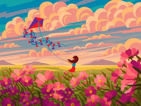 Flower Field Illustration Art, Flower Field Concept Art, Field Of Flowers Illustration, Flower Field Digital Art, Person Laying In Flower Field, Illustration Flower Art, Flower Field Reference, Flower Field Anime, Flower Drawing Background