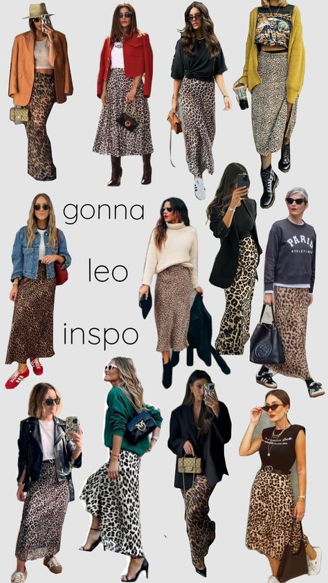 #leo #gonna #inspo #animalier #outfit Printed Long Skirt Outfits, Animal Print Skirt Outfit, Leopard Print Skirt Outfit, Leopard Skirt Outfit, Printed Skirt Outfit, Skirt Outfit Fall, Cheetah Style, Rok Outfit, Color Combos Outfit