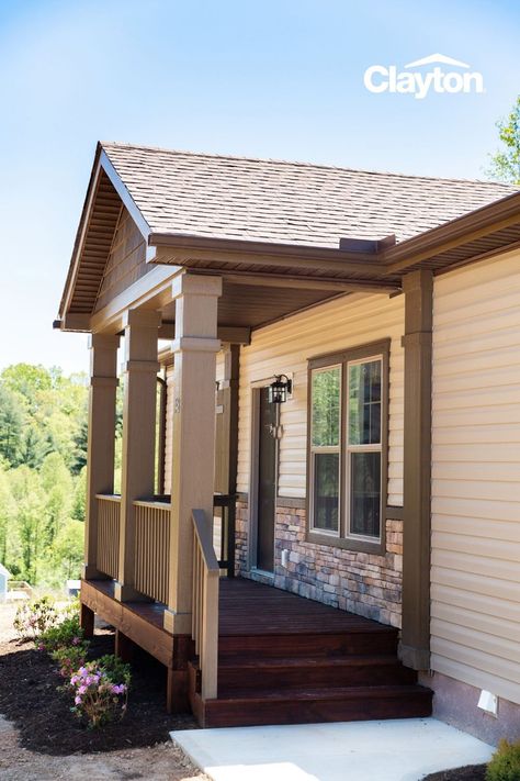 Cabin style modular home exterior with stone accents and a covered front porch. Manufactured Home Ideas, Modular Home Ideas, Easy Backyard Landscaping, Manufactured Home Porch, Liquor Bouquet, Back Decks, Screened In Porch Ideas, Mobile Home Exteriors, Modular Homes For Sale