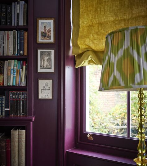 The study is painted in Farrow & Ball's 'Brinjal'. An ikat lampshade sits atop Marianna Kennedy's 'Spring Lamp', while the blinds are in Zoffany's 'Linden' linen. Eggplant Paint Color, Purple Personality, Ikat Lampshade, Highgate London, Purple Bar, English Townhouse, Breakfast Room Green, Pavilion Grey, Spring Lamp