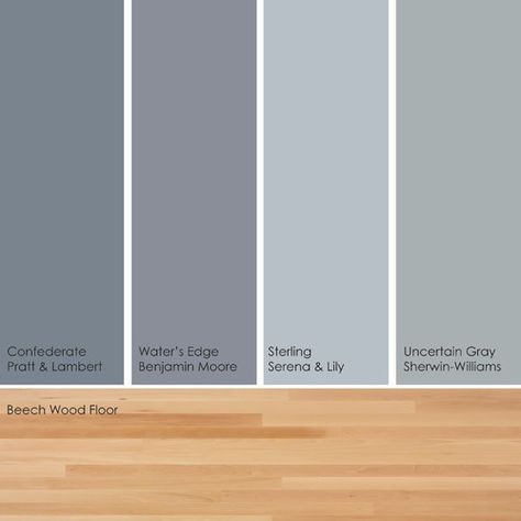 Blue-Green-Gray palette - by Jennifer Ott :: From left to right: Confederate 27-21, from Pratt & Lambert; Water's Edge 1635, from Benjamin Moore; Sterling, from Serena & Lily; and Uncertain Gray SW6234, from Sherwin-Williams. Green Grey Paint, Floor Paint Colors, Painted Wood Floors, Grey Wood Floors, Wood Floor Kitchen, Light Wood Floors, Gray Paint, Dark Wood Floors, Bedroom Color Schemes