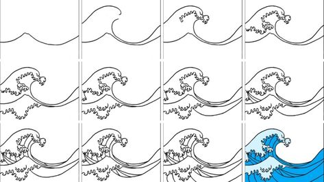 How to Draw a Wave Step by Step The Great Wave Art Project, Cute Wave Drawing, How To Draw A Wave Step By Step, How To Draw A Wave, Waves Doodle Simple, How To Draw Waves, Doodle Waves, Drawing Waves, Earth Sketch