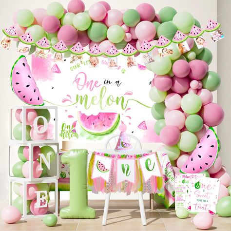 PRICES MAY VARY. Refreshing Watermelon Color Palette - The pastel watermelon party supplies feature a stunning array of vibrant and refreshing pastel tones. Including soft pinks, rose blush, sage greens and pastel green. If you have a one year old cute baby girl and want a dream-lie party, this one is just for you. Sweet colors match perfectly. Sweet Girl's First Birthday Party Supplies - Package includes: one in a melon backdrop, one balloon box, one in a melon cake topper, 12pcs watermelon cup First Birthday Girl Themes Decoration, Baby Girls Birthday Theme Ideas, 1st Summer Birthday Party Ideas, 1st Bday Ideas Girl, First Year Down Football Birthday Girl, First Birthday Ideas For A Girl, Watermelon Birthday Theme, Theme For 1st Birthday Girl, One Year Birthday Party Themes