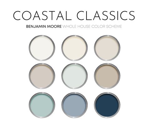 The Coastal Classics color scheme, created with Benjamin Moore paint colors is perfect for creating a timeless look for any coastal home. This palette features many best-selling colors. I have carefully selected a range of 9 colors for this palette, and included options for walls, trim, furniture, cabinets and doors.  Benjamin Moore has hundreds of paint colors, each with their own unique undertones. This can make choosing the right paint colors hard. The colors in this collection were carefully Southern Exterior Paint Colors For House, Blue Home Color Palette, Benjamin Moore Exterior Paint Schemes, Beach House Colors Interior Walls, Coastal Paint Palette, Colors For Home, Coastal Paint Colors, Coastal Paint, Beach House Colors