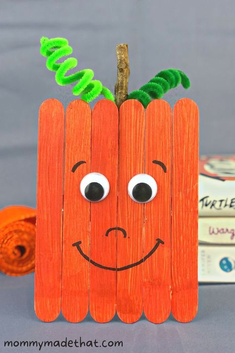 Cute Halloween Crafts For Preschoolers, Monster Popsicle Sticks, Popsicle Stick Crafts For Halloween, Popsicle Stick Witch, Halloween Stick Crafts, Pumpkin Popsicle Stick Craft, School Age Crafts Fall, Popsicle Stick Pumpkin Craft, Fun Halloween Crafts Preschool