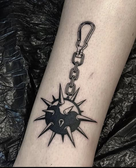 Spike Ball And Chain Tattoo, Spike Ball Tattoo, Tattoo Dark Work, Blackwork Tattoo Men, First Tattoo Ideas For Men, Mace Tattoo, Flail Tattoo, Gothic Tattoo Designs, Rockstar Tattoo