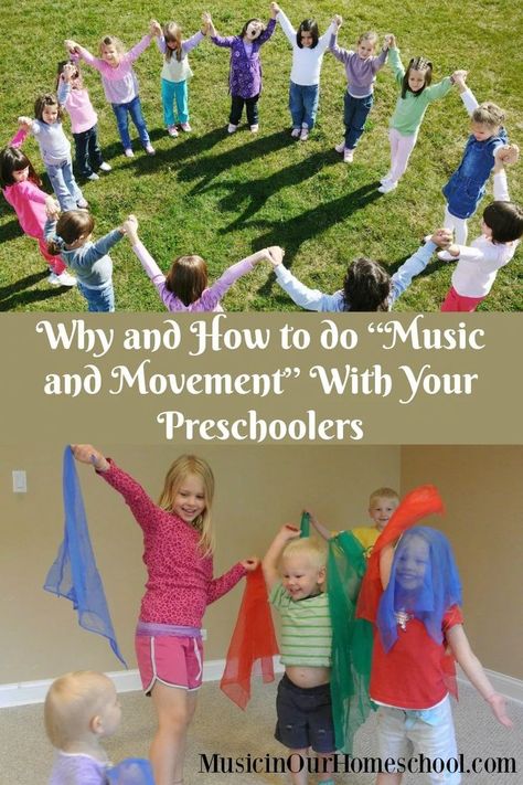 Why and How to do "Music and Movement" With Your Preschoolers - Music in Our Homeschool Preschool Music Activities Fun Games, Music And Movement Preschool, Indoor Gross Motor Activities, Music And Movement Activities, Preschool Music Lessons, Songs Preschool, Movement Preschool, Preschool Music Activities, Childhood Activities