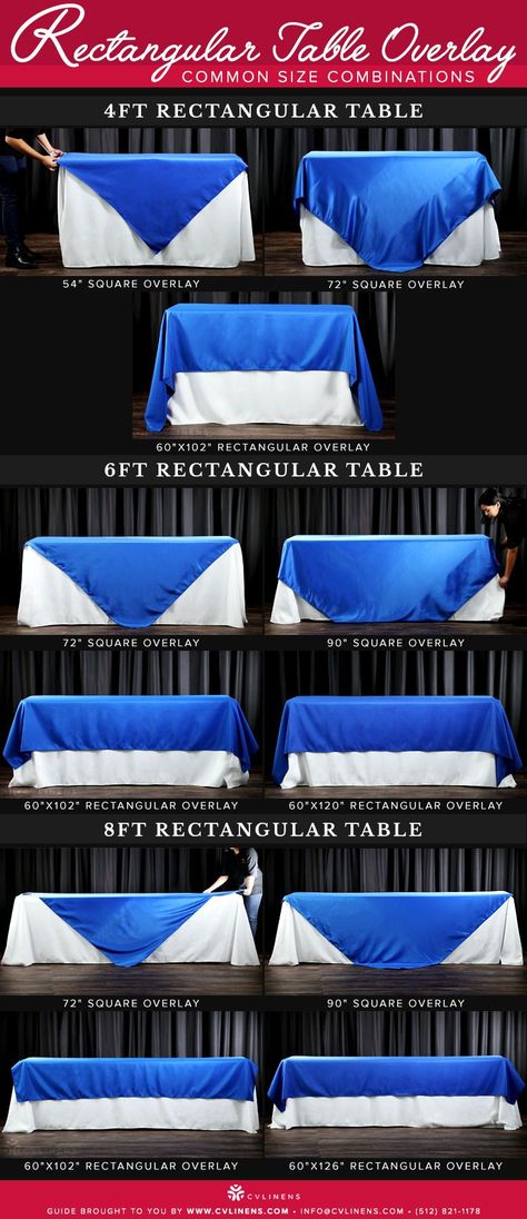 Rectangular Table Overlay Sizing Combinations – CV Linens Rectangular Table Wedding Layout, Blue And Gold Table Cloth, Blue Buffet Table, Navy Blue Tablecloth With Gold Runner, Royal Blue Main Table Quince, Royal Blue And Silver Table Cloth, Blue Sequin Table Cloth, Wedding Table Placement, Birthday Decors