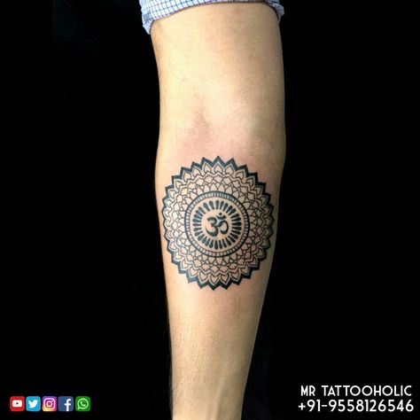 Om Tattoo Design Men Chest, Thai Neck Tattoo, Small Mandala Tattoo Men, Circle Tattoo Design For Men, Mandala Om Tattoo, Om Mandala Tattoo, Hindu Tattoos, Trishul Tattoo Designs, Om Tattoo Design