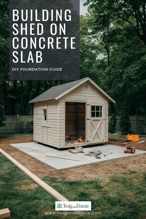 Shed on Concrete Slab Concrete Base For Shed, Small Storage Shed, Building A Shed Base, Diy Foundation, Building A Storage Shed, Build A Shed, Shed Construction, Shed Base, Pallet Fence