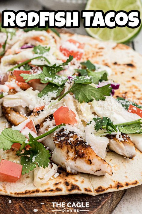 Red Fish Tacos Recipes, Red Fish Tacos, Red Fish Recipes, Cilantro Coleslaw, Cilantro Lime Coleslaw, Redfish Recipes, Lime Coleslaw, Blackened Redfish, Cajun Seasoning Recipe