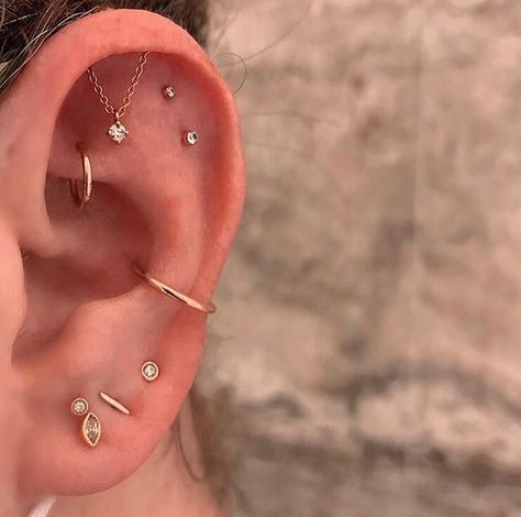 EAR CURATION on Instagram: “OMG this hidden helix tash jewelry😍😫😩 Upper helix, double flat, rook, conch and four lobe piercings (2 of them being stacked lobes)…” Jóias Body Chains, Minimalist Ear Piercings, Constellation Piercings, Ear Curation, Ear Peircings, Cool Ear Piercings, Pretty Ear Piercings, Maria Tash, Cool Piercings