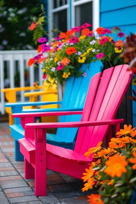 Brighten Your Adirondack Chairs with Paint Ideas Colorful Adirondack Chairs, Colorful Outdoor Furniture, Small Urban Garden, Folding Adirondack Chairs, Cozy Patio, Backyard Inspiration, Painted Chairs, Colorful Chairs, Funky Painted Furniture