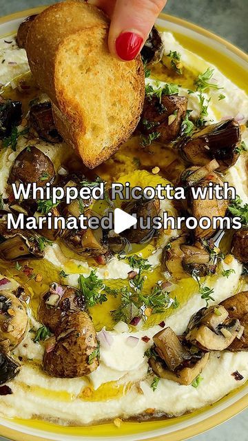 Caitlin Latessa-Greene on Instagram: "WHIPPED RICOTTA WITH BALSAMIC MARINATED MUSHROOMS! Literally so good—these mushrooms can be stored for a week and they are great on their own/on salads/on protein!
•
For the mushrooms:
1 lb baby bella mushrooms, halved or quartered *see notes
6 tbsp olive oil 
3 tbsp balsamic vinegar 
3 tbsp fresh chopped parsley
3 tbsp minced red onion
1 tbsp minced garlic
1 tbsp lemon juice
1/2 tbsp Italian seasoning 
1 tsp red pepper flakes 
1/2 tsp salt
•
For the ricotta:
3 cups ricotta
1/2 tbsp lemon juice 
1/2 tsp lemon zest
1/4 tsp salt 
Pepper to taste
•
For serving:
Chopped parsley, for serving
Olive oil
Crusty bread, for serving 
•
1️⃣Bring a large pot of water to a boil and add a teaspoon of salt. Add the mushrooms, reduce the heat to a simmer and cook for 4 Antipasto Mushrooms, Balsamic Roasted Mushrooms, Whipped Ricotta With Balsamic Marinated Mushrooms, Marinated Mushrooms Appetizer, Mushroom Antipasto, Mushroom Dip, Mushroom Marinade, Ricotta Dip, Balsamic Mushrooms