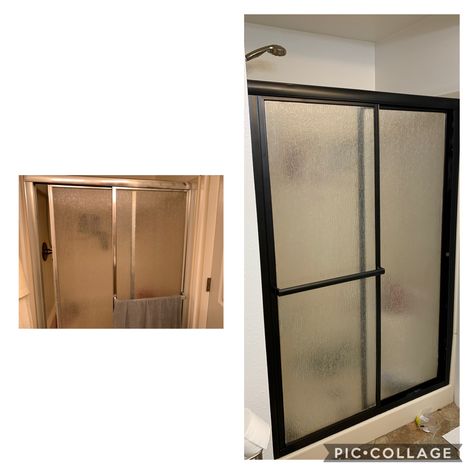 Updated my chrome shower by painting with matte black spray paint Shower Door Paint, Painting Bathroom Shower Frame, Spray Paint Shower Frame, Shower Door Update, Modern And Farmhouse Mixed, Shower Update, Shower Frame, Matte Black Spray Paint, Diy Home Upgrades