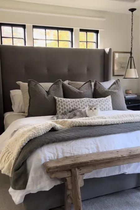 Grey Tan Bedding, Charcole Bed, Grey Bedroom Comforter Ideas, Charcoal Grey Upholstered Bed, Bedding With Charcoal Sheets, Grey Quilted Headboard Bedroom, Gray And Tan Bedding Ideas, Grey Beige Bedding, Bedding Ideas For Dark Grey Headboard