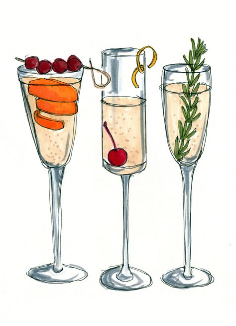 Bar Cart Champagne Cocktails Illustration Art by shopevarose Cocktail Drawing Illustration, Watercolor Bar Cart Art, Watercolour Cocktail Illustration, Wine Margarita, Girly Illustration, Bar Cart Prints Colorful, Bar Cart Wall Art Paintings & Prints, Cocktails Clipart, Cocktail Fruit