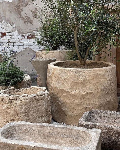 Round Indonesian limestone troughs. Round/rectangular antique French limestone planters. Stone inspired troughs, too. Stone House Decor, Limestone Trough, Diy Cement Planters, Concrete Containers, Stone Planter, Diy Concrete Planters, French Limestone, Potted Plants Outdoor, Trough Planters