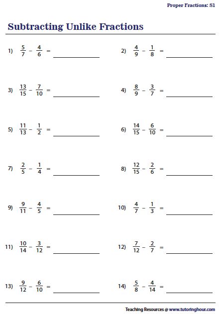 Subtracting Unlike Fractions Subtract Fractions Unlike Denominators, Subtracting Fractions Unlike Denominator, Free Fraction Worksheets, Unlike Fractions, Subtract Fractions, Pre Algebra Worksheets, Fraction Practice, Add And Subtract Fractions, Math Practice Worksheets