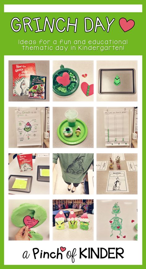 On the last day before break we had our first ever Grinch Day! I first read about Grinch Day on Cara's blog "The First Grade Parad... Prek Grinch Day, Grinch Kindergarten, Grinch Classroom Party, Chanukah Crafts, Christmas Tag Printable, Grinch Day, First Grade Parade, Ideas For Kindergarten, December Kindergarten