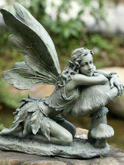 Fairy Mushroom, Fairy Statues, Green Fairy, Angel Statues, Fairy Figurines, Enchanted Garden, Mystical Creatures, Fairy Art, On The Ground