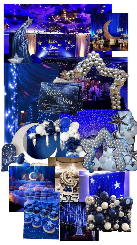 Prom Themes Starry Night, Under The Stars Quinceanera Theme, 15 Party Ideas Quinceanera, Starry Night Theme, School Dance Themes, Starry Night Prom, Prom Planning, Sweet 15 Party Ideas Quinceanera, Sweet 15 Party Ideas