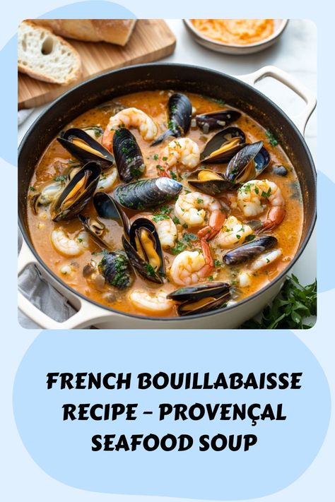 Discover how to make a classic French Bouillabaisse, a rich and flavorful seafood soup from Provence, using fresh fish, saffron, and a variety of vegetables. Perfect for a comforting and hearty meal! French Seafood Soup, Boullibase Recipe, Seafood Bouillabaisse, Italian Seafood Stew, Bouillabaisse Recipe, German Appetizers, Italian Main Dishes, Soups Recipes, Seafood Stew