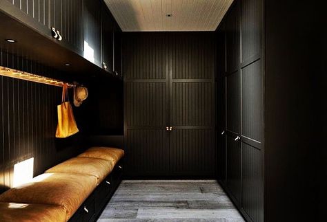 Carrying on the black theme for today... I love this stunning mud room! The tan leather contrast even extends into the leather-loop door pulls on the cabinetry!! Project by: Canny Architecture  #homedesign #lifestyle #style #designporn #interiors #decorating #interiordesign #interiordecor #architecture #landscapedesign Black Homes, Greige Design, Moody Interiors, Wood Walls, Mudroom Design, Entry Way Design, Boot Room, Contemporary Farmhouse, Built In Bench