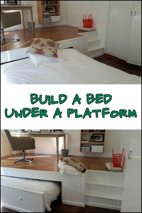 By putting a pull-out bed under a platform, you can effectively double the usable area of the room! Is this the solution you need for your bedroom? Bed Under Platform, Roll Out Bed, Platform Bedroom, Teen Girl Bedroom Ideas, Built In Bed, Living Space Decor, Hidden Bed, Girl Bedroom Ideas, Pull Out Bed