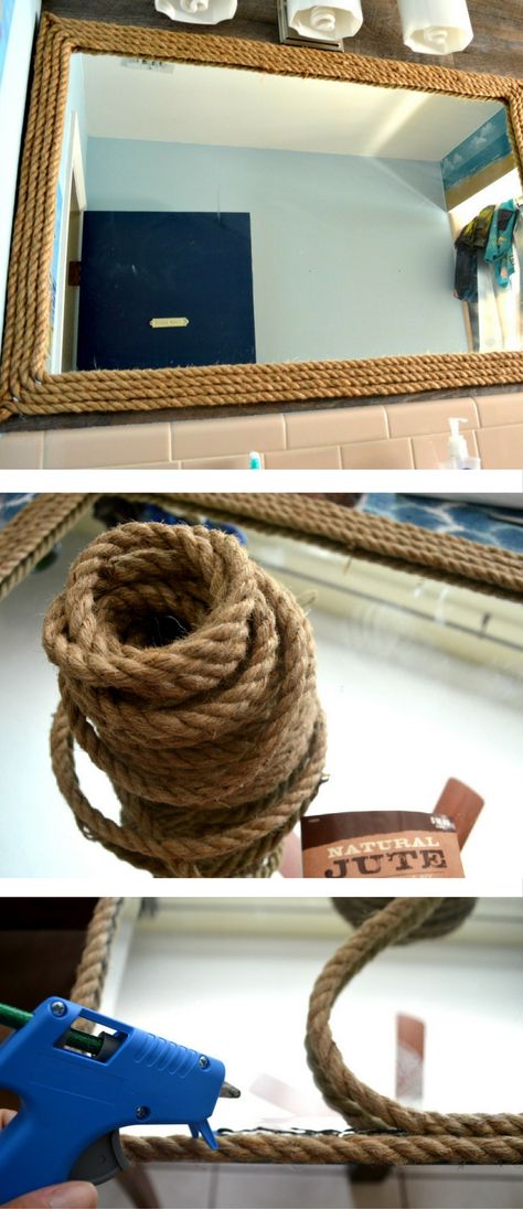 Diy Mirror Decor, Nautical Rope Mirror, Nautical Mirror, Spiegel Diy, Diy Nautical Decor, Diy Nautical, Mirror Decor Ideas, Rope Mirror, Nautical Diy