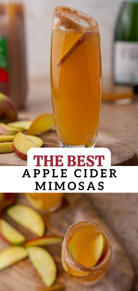 This easy and delicious apple cider mimosas recipe is made with sparkling wine, apple juice, or spiced apple cider and decorated with the most delicious cinnamon sugar rim. It is perfect for NYE, brunch, or just when you are having people over and want to elevate the experience. Apple Mimosa Cider, Wine Mimosa Recipe, Apple Beverage Recipes, Cinnamon Apple Mimosa, Apple Pie Mimosa, How To Make A Mimosa, Fall Prosecco Cocktails, Autumn Mimosa, Nye Brunch