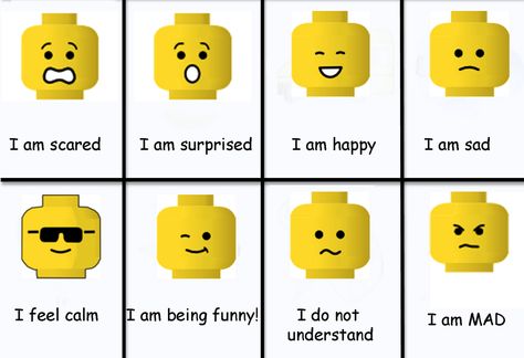 LEGO emoticons Lego Emotions, Lego Emotions Printable, Emoji Feelings Chart, Lego Therapy Free Printable, Lego Expressions, Kids Emotion Chart, Toddler Activities Daycare, Lego Faces, Lego Therapy