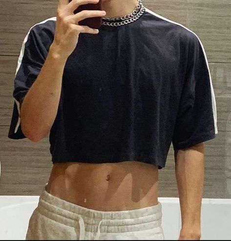 Male In Crop Top, Men Outfits Crop Top, Black Crop Top Men, Crop Top Men Aesthetic, Men In Crop Tops Aesthetic, Boy Crop Top Aesthetic, Male Crop Top Aesthetic, Man In Crop Top, Male Clothing Aesthetic