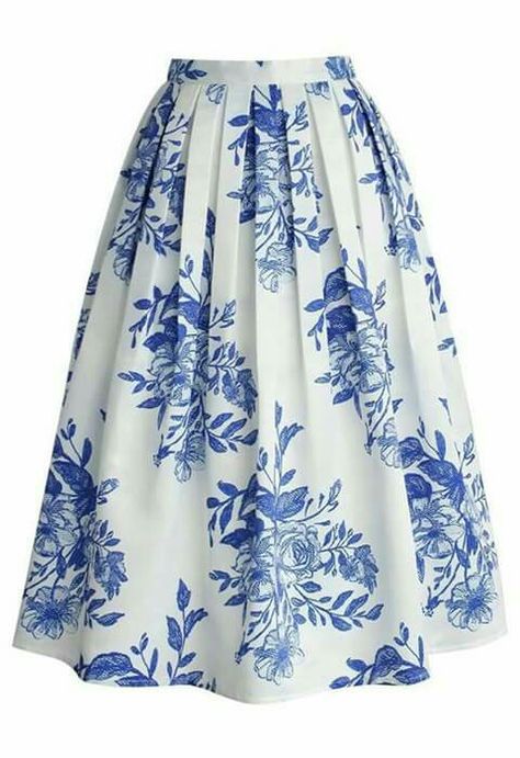 Chicwish Skirt, White Knee Length Skirt, Floral Sketch, Blue Pleated Skirt, Blue Midi Skirt, Skirt Collection, White Floral Skirt, Blue Floral Skirt, Floral Print Midi Skirt