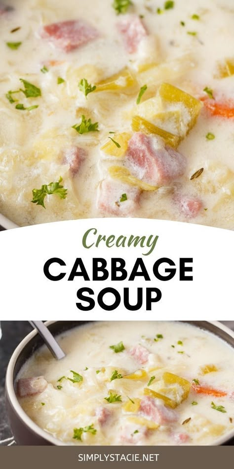 Creamy Cabbage Soup - Hearty and comforting! This delicious and easy soup recipe is loaded with tender cabbage, carrots, celery, ham and spices. Yum! Creamy Cabbage Soup, Cabbage Soup Crockpot, Cabbage Soup Diet Plan, Ham And Cabbage Soup, Creamy Cabbage, Sausage Cabbage, Creamed Cabbage, Ham And Cabbage, Cabbage Soup Diet Recipe