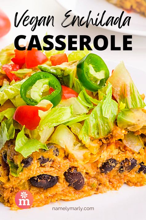 Imagine enjoying this cheesy easy Vegan Enchilada Casserole. Layered with black beans, tortillas, and cheese, this absolutely scrumptious dish is ready in less than 30 minutes. It’s a perfect weeknight dinner! Vegan Enchilada Casserole, Veggie Enchiladas, Vegan Enchiladas, Enchilada Casserole Recipes, Vegan Dinner Recipes Easy, Mexican Recipe, Vegan Mexican Recipes, Vegan Cheese Sauce, Easy Vegan Dinner