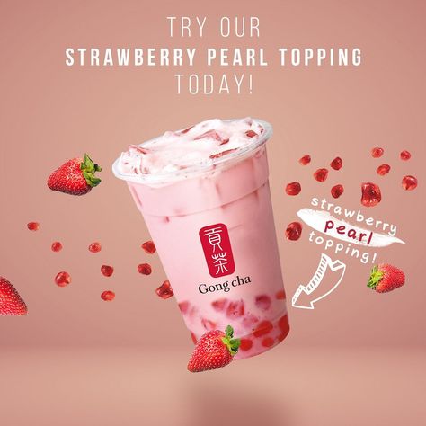 Gong Cha on Instagram: “Our Strawberry Pearl topping is perfect for the month of love! Head to your local Gong Cha to have some today. ⠀ . ⠀ . ⠀ . ⠀ . ⠀ . ⠀ . ⠀ .…” Gong Cha, Month Of Love, Strawberry Topping, Exhibit Design, Dunkin Donuts Coffee Cup, Bubble Tea, Be Perfect, Of Love, Motion