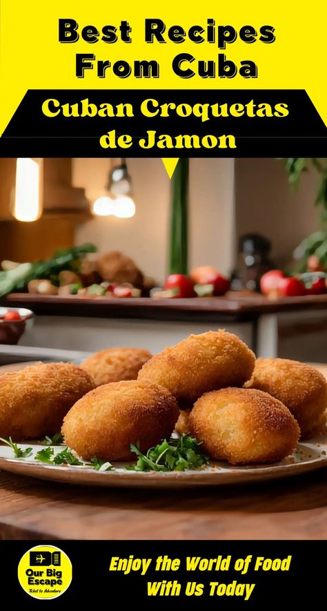 The Cuban Croquetas de Jamon Recipe is a popular dish from Cuba. It is a delicious and savory treat that is loved by many. The recipe for Cuban Croquetas de Jamon involves a few simple ingredients and a cooking process that results in crispy, golden-brown croquettes filled with flavorful ham. To make Cuban Croquetas de Jamon, you will need ingredients like cooked ham, flour, milk, eggs, breadcrumbs, and vegetable oil for frying. Cuban Croquetas, Cuba Recipes, Cuban Desserts, Cuban Chicken, Trip To Cuba, Cooked Ham, Try Try, Bon Apetit, Recipes Authentic