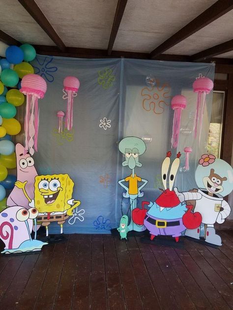 Cartoon Themed Party, Spongebob Party Backdrop, Spongebob Second Birthday Party, Sponge Bob Party Decorations, Sponge Bob Themed Birthday Party Ideas, Spongebob Photo Booth, Sponge Bob Decorations, Spongebob Photo Shoot, Spongebob Gender Reveal